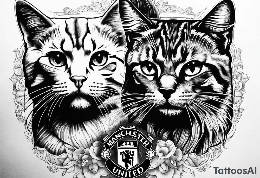 Manchester United, two cats, God, edm, all combined into one art tattoo idea