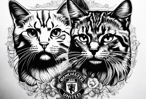Manchester United, two cats, God, edm, all combined into one art tattoo idea