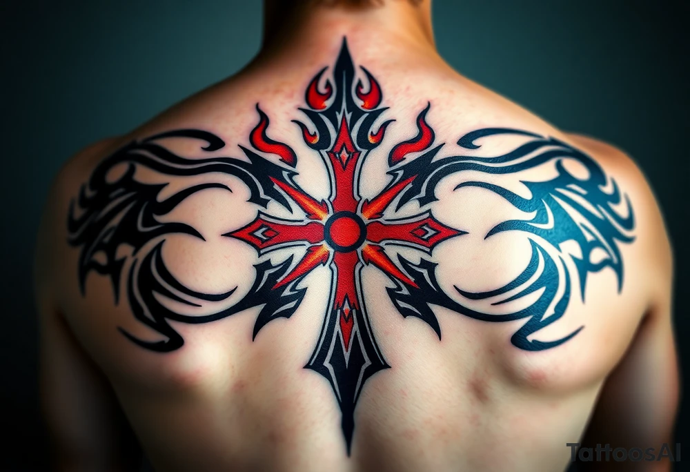 A flaming red and black Templar cross, surrounded by burning embers tattoo idea