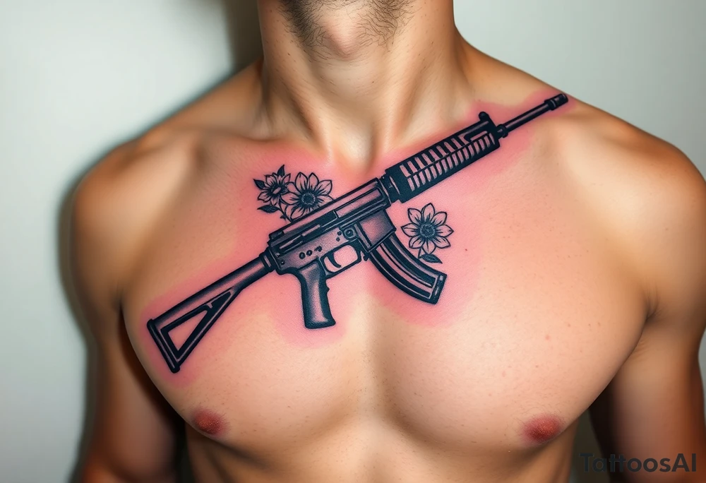 ak 47 black silhouette with floreal details tattoo idea