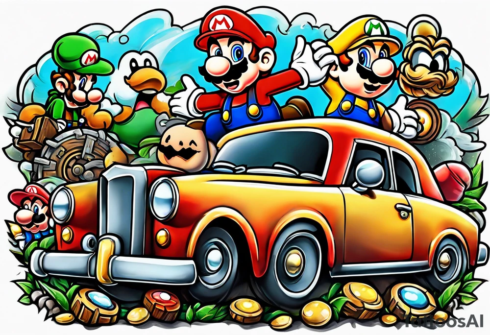 Mario brothers with ghosts and goombas with canons tattoo idea