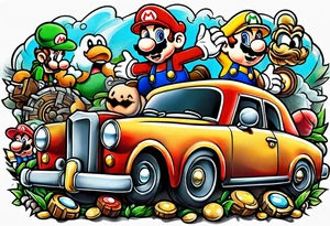 Mario brothers with ghosts and goombas with canons tattoo idea