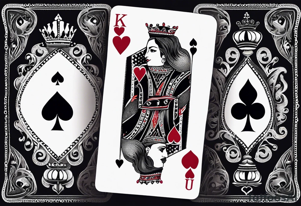 one playing card with both queen of hearts and king of spades tattoo idea