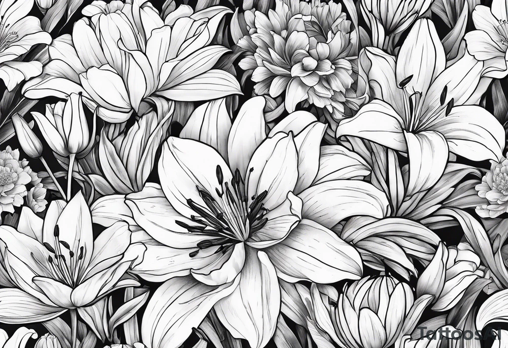 lily, marigold, tulip, cosmo, and aster tattoo idea