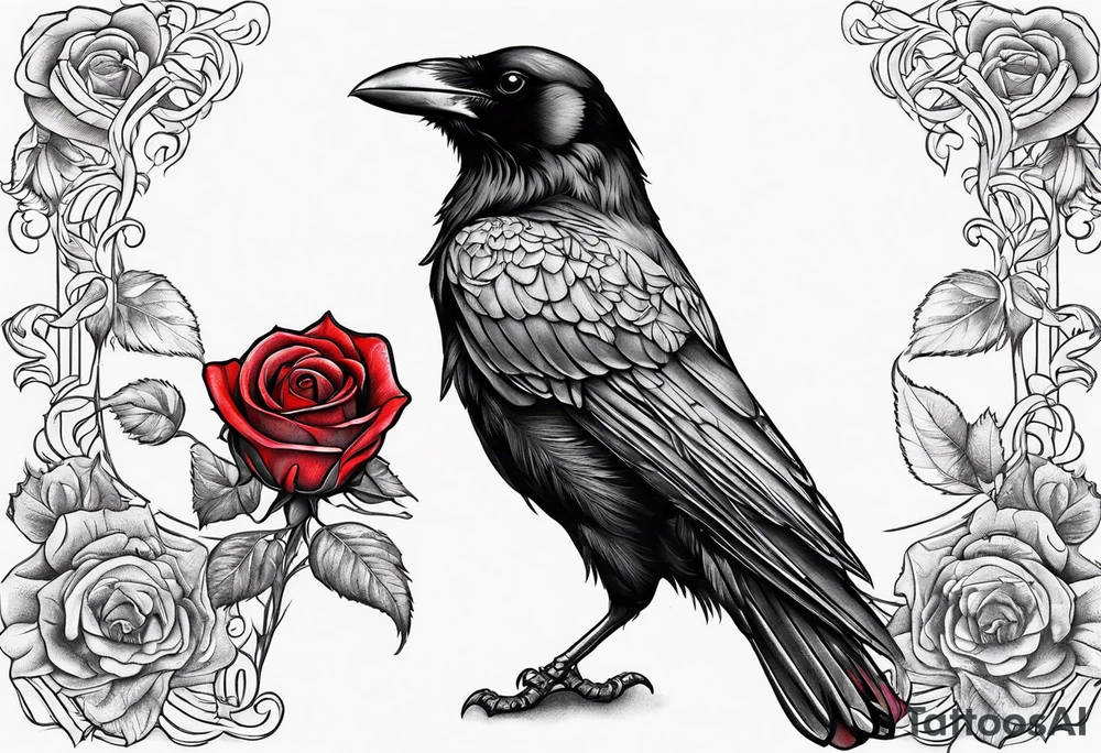 Crow standing holding a red rose tattoo idea