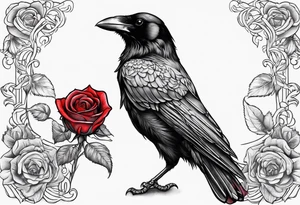 Crow standing holding a red rose tattoo idea