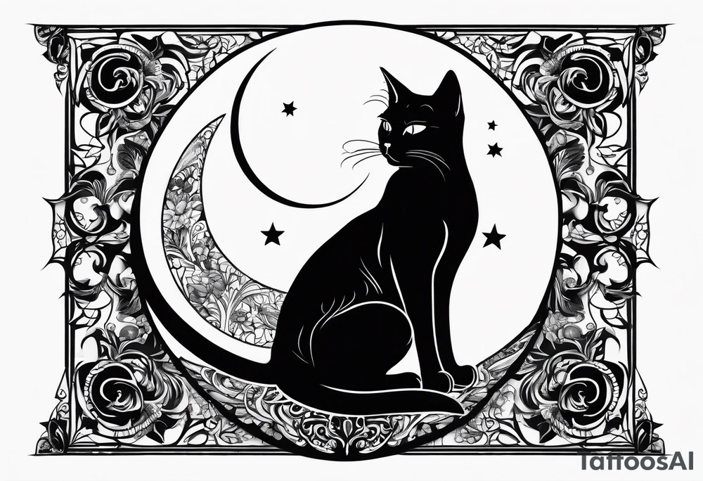 silhouette of full body black cat sitting on outline of crescent moon tattoo idea