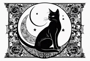 silhouette of full body black cat sitting on outline of crescent moon tattoo idea