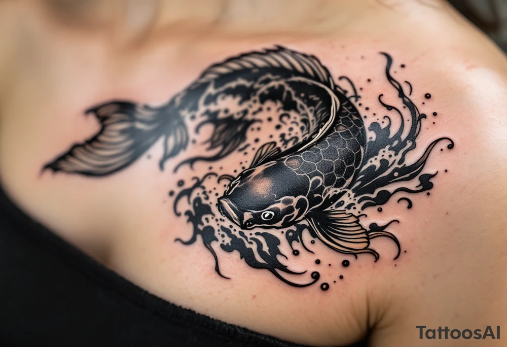 Black Koi in Stormy Water – A dark, shadowy koi with subtle silver highlights, battling rough waves, signifying overcoming adversity. tattoo idea