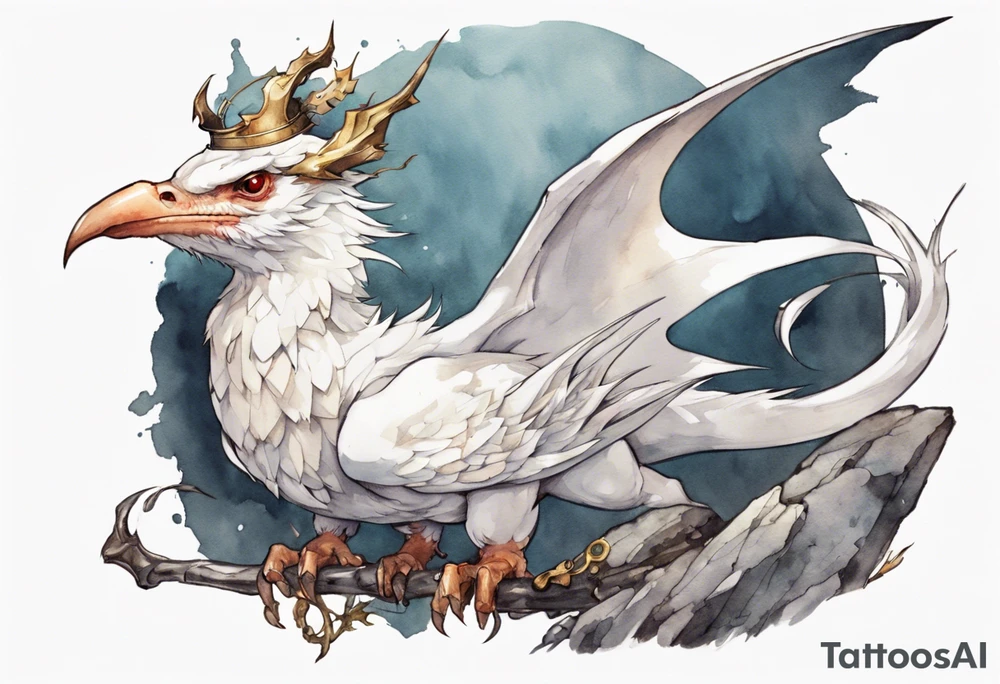 a white bird-wyvern hybrid, wearing a plain iron crown on head, perched on a stone tattoo idea