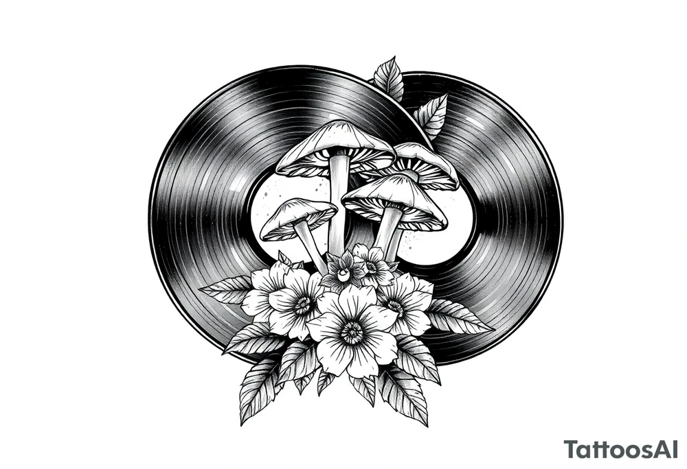 two overlapping vinyl records with mushrooms and flowers tattoo idea