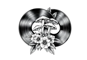 two overlapping vinyl records with mushrooms and flowers tattoo idea