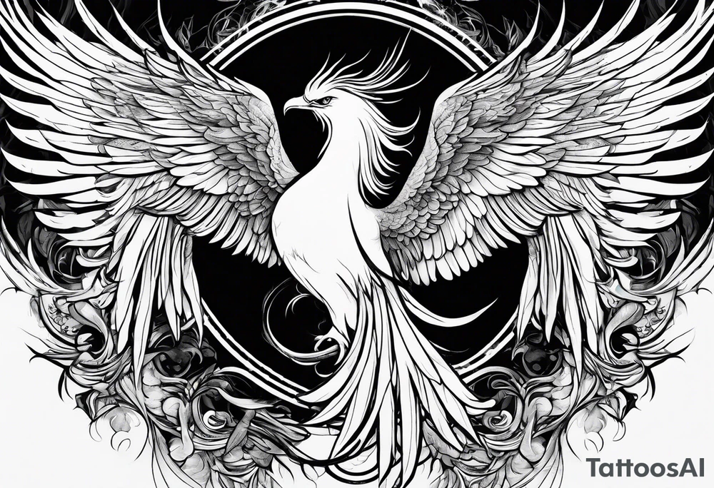a phoenix rising from the ashes, with an angel opening its wings on the background tattoo idea