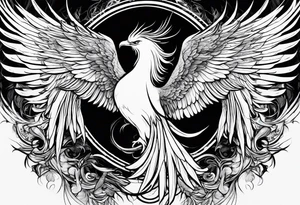 a phoenix rising from the ashes, with an angel opening its wings on the background tattoo idea