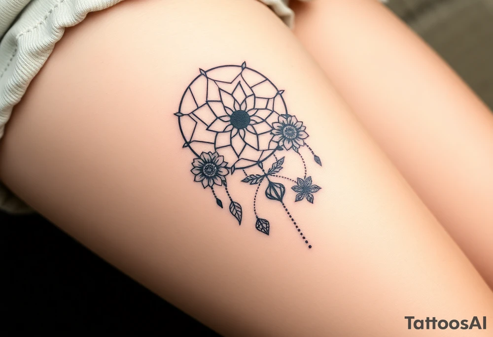 Dreamcatcher with zodiac symbols and protection runes caught in it with tigerlillies roses and sunflowers tattoo idea