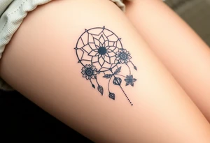 Dreamcatcher with zodiac symbols and protection runes caught in it with tigerlillies roses and sunflowers tattoo idea