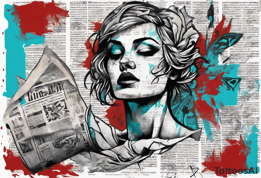 an art showing a newspaper on the leg and shoulder, old ritual, in the style of abstract portraits, textured pigment planes, red and cyan, stencil art, gothic romanticism, full white background, include seed tattoo idea