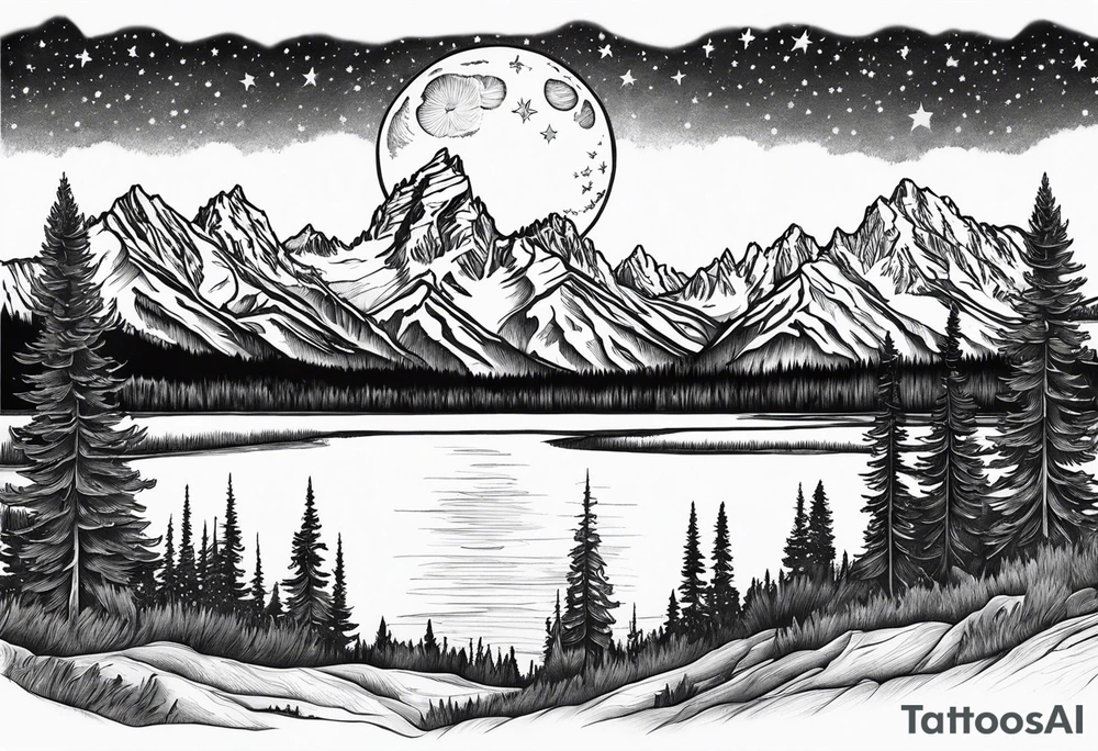 Half sleeve of Teton mountain range with moon and stars in the sky, two moose in front of Teton lake and some fir trees tattoo idea