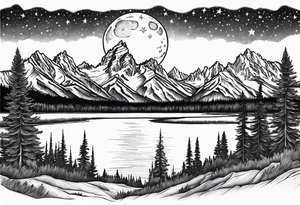 Half sleeve of Teton mountain range with moon and stars in the sky, two moose in front of Teton lake and some fir trees tattoo idea