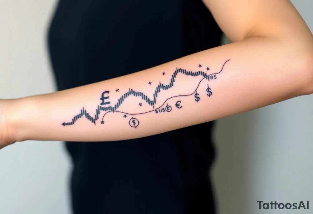 Create a unique tattoo design for a Forex trader. Include symbols of trading like a bullish candlestick chart, currency symbols (e.g., EUR, USD, GBP, JPY), and creative elements representing financial growth and strategy. The style should be minimalist black linework, modern and elegant, suitable for an arm or forearm tattoo.” tattoo idea