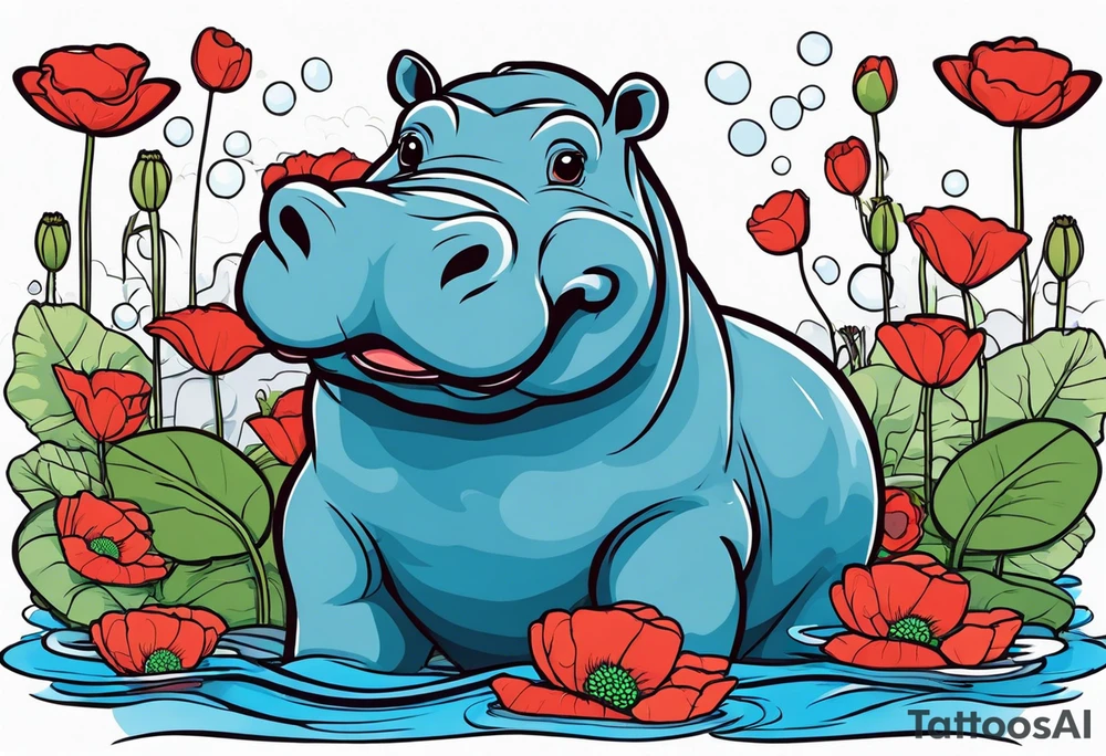 Hippopotamus, poppies, water lilies, tattoo idea