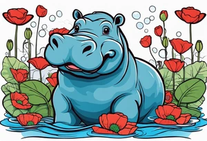 Hippopotamus, poppies, water lilies, tattoo idea