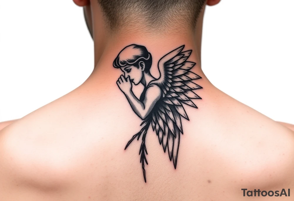 A neck tattoo that shows an angel whispering into ear tattoo idea