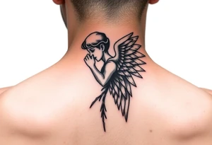 A neck tattoo that shows an angel whispering into ear tattoo idea