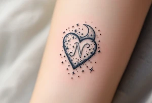 A celestial heart with a moon and stars, featuring a glowing silver letter "N" in the center, embodying a love written in the stars. tattoo idea