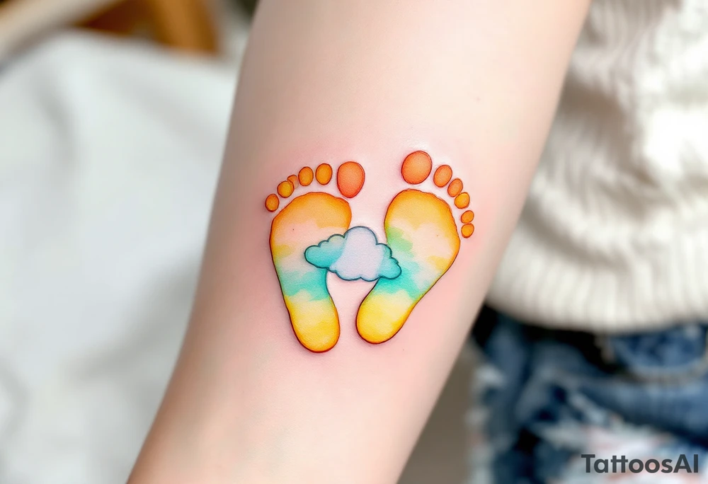 Bright yellow and mint green footprints of Roman, accompanied by a playful cloud, representing his free spirit. tattoo idea
