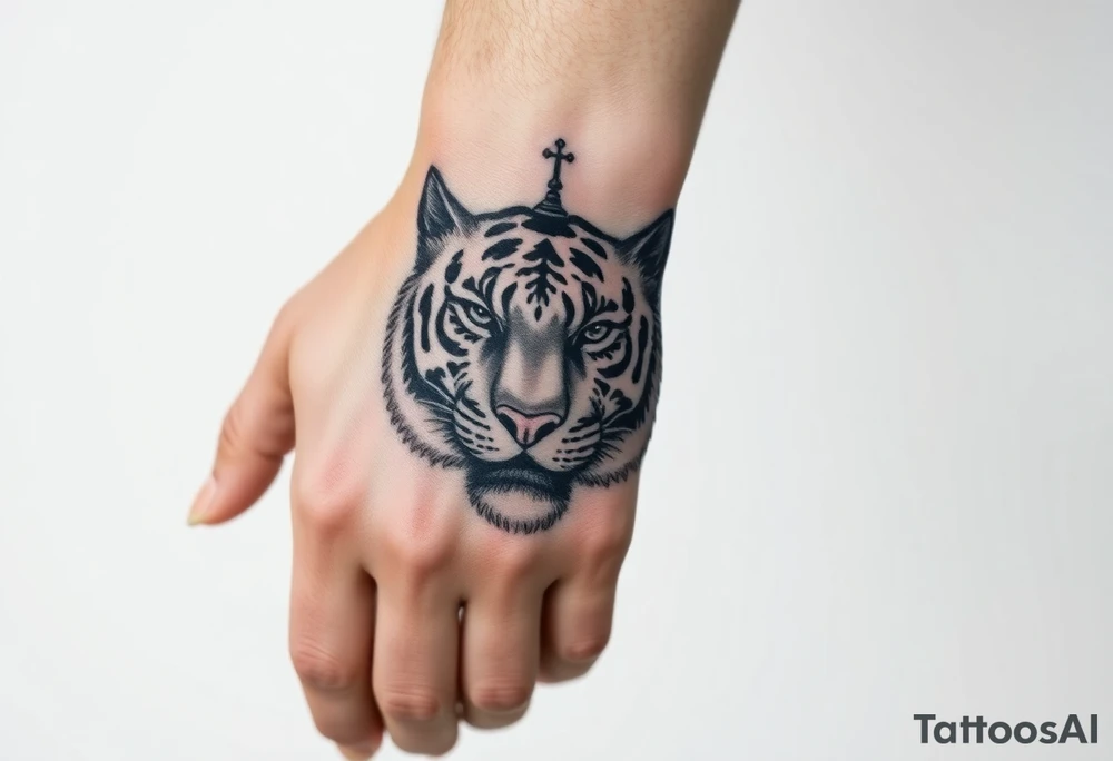 Realistic tiger face on the back of the hand with strong contrast and fine detail. Forearm features a highly detailed Russian Orthodox cathedral with onion domes and crosses, done in fine line, engraving-like style. Cohesive composition, black ink only, no color, high contrast, slightly aged, documentary-style, plain light background. tattoo idea