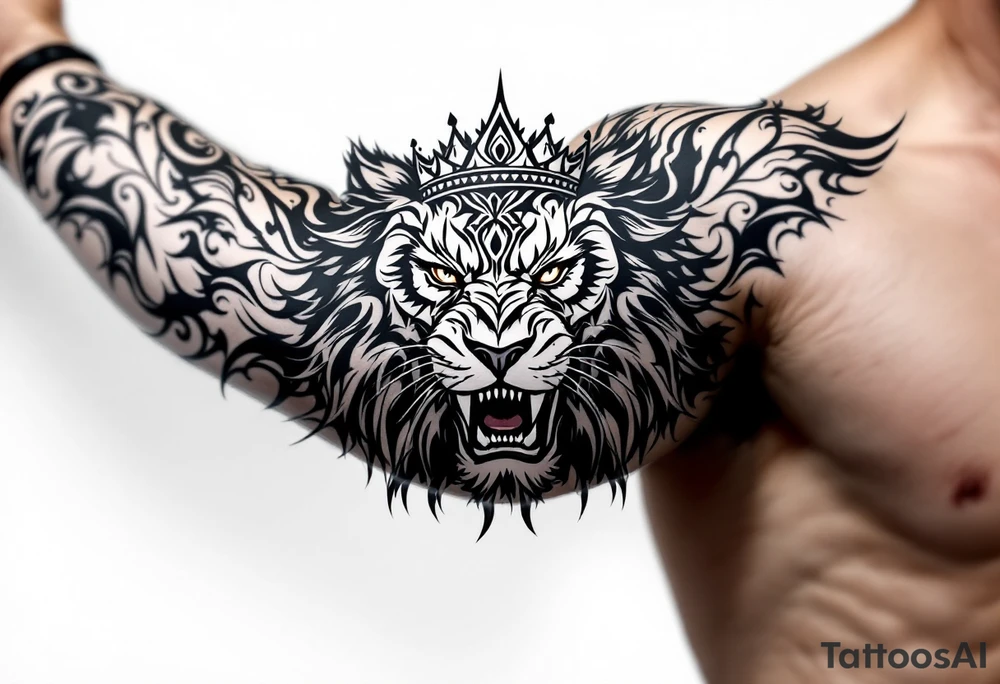 Realistic angriest lion with whole body with crown and "VERONESI" name add on it tattoo idea
