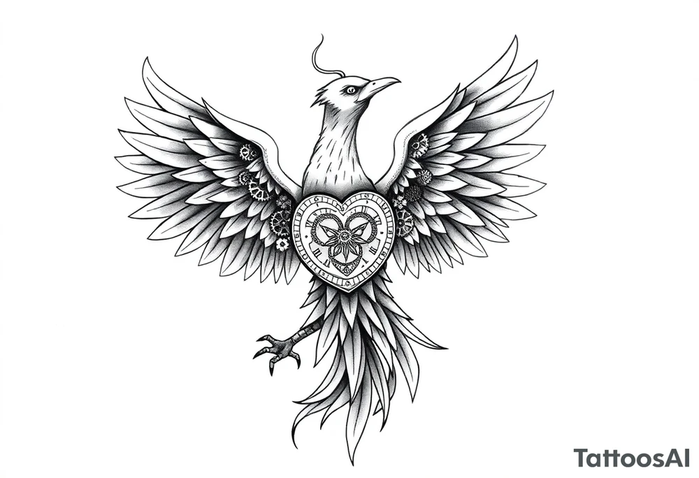 A stylized phoenix rising with feathers composed of intricate clock gears and mechanical parts. The chest reveals a glowing clockwork heart symbolizing emotional depth, love, and resilience amidst anxiety. The design combines fine line and dotwork detailing on the mechanical elements with bold, clean lines for the phoenix silhouette. Minimal shading emphasizes contrast and highlights the glowing heart. tattoo idea