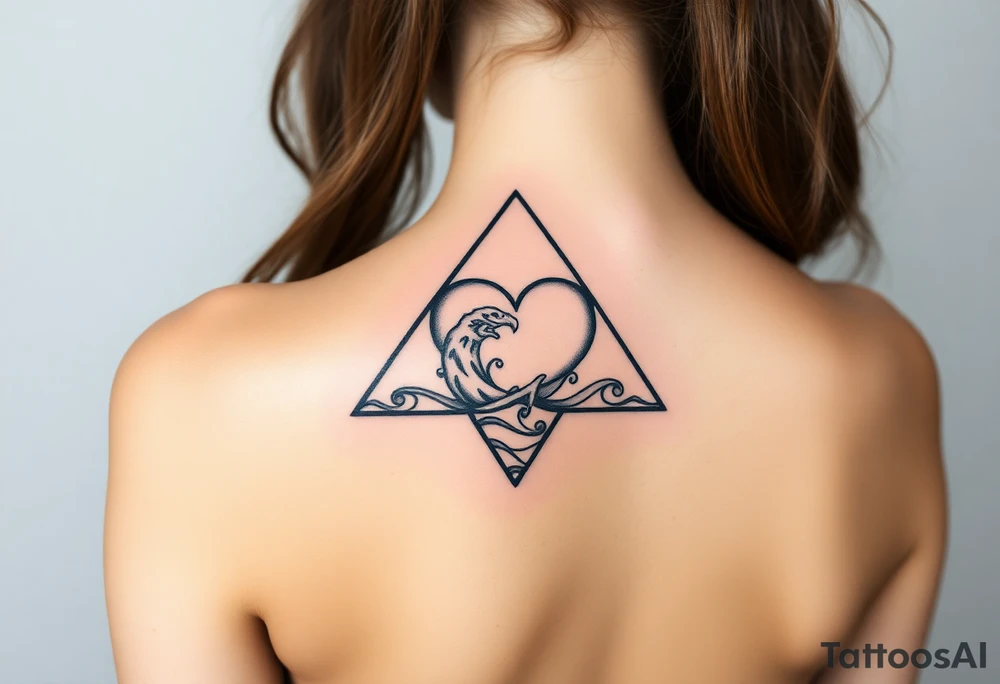 A triangle with a big heart in the center with an ocean travel theme tattoo idea
