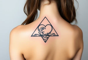 A triangle with a big heart in the center with an ocean travel theme tattoo idea