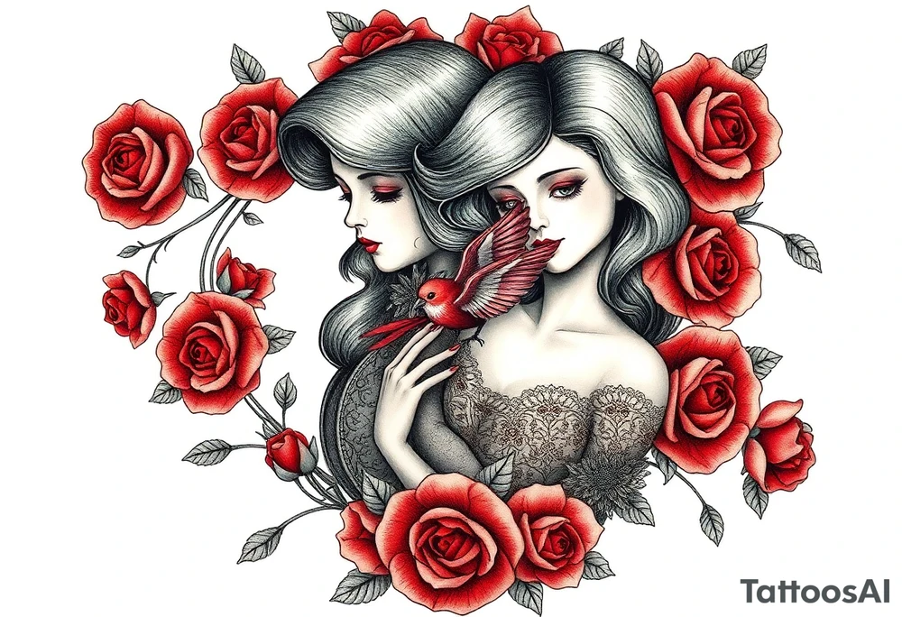 Vintage dollies, red roses, lace, red bird, vintage, wrap around, no person tattoo idea