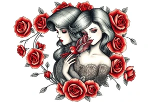 Vintage dollies, red roses, lace, red bird, vintage, wrap around, no person tattoo idea