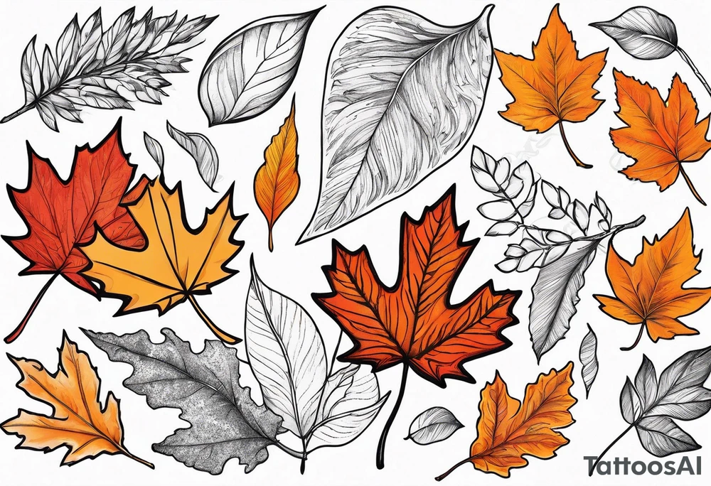 Red gold and orange autumn leaves falling in wind tattoo idea