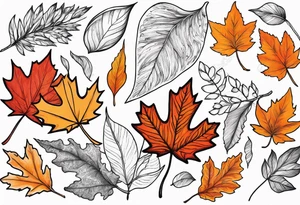 Red gold and orange autumn leaves falling in wind tattoo idea