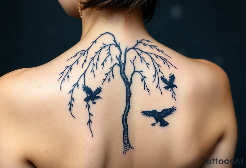 Weeping willow with starry sky background with zodiac constellations in it with runes and ravens tattoo idea