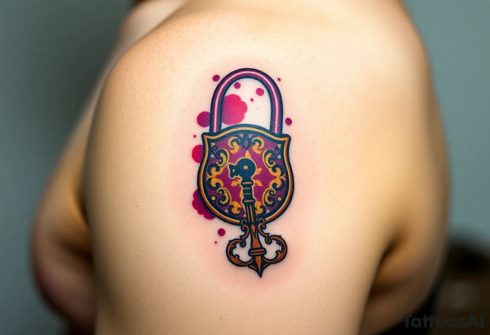 A vintage lock and key in deep burgundy and gold, with intricate filigree patterns tattoo idea