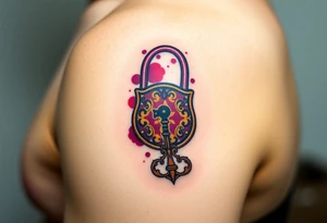 A vintage lock and key in deep burgundy and gold, with intricate filigree patterns tattoo idea