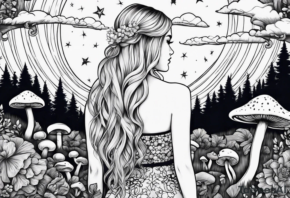 Straight blonde hair girl facing away mountains surrounded by mushrooms crescent moon tattoo idea