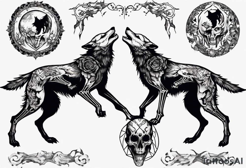two wolf skeletons dancing tattoo idea