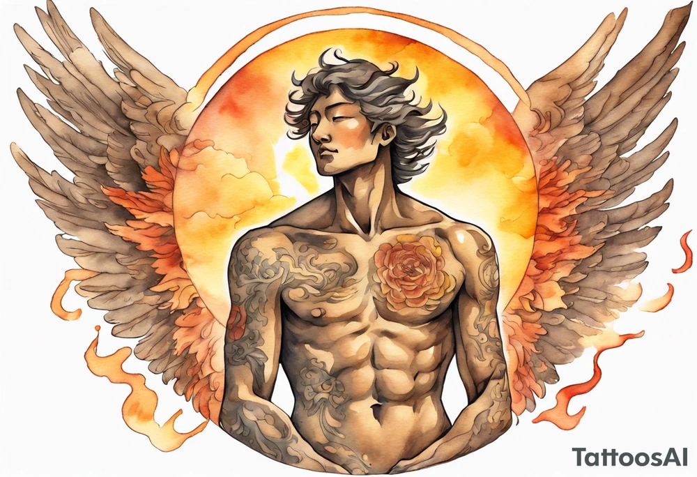 a bronze skinned male angel in front of a blazing sun tattoo idea