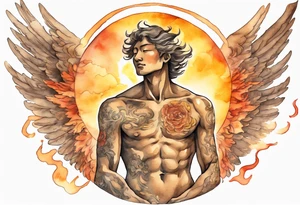 a bronze skinned male angel in front of a blazing sun tattoo idea