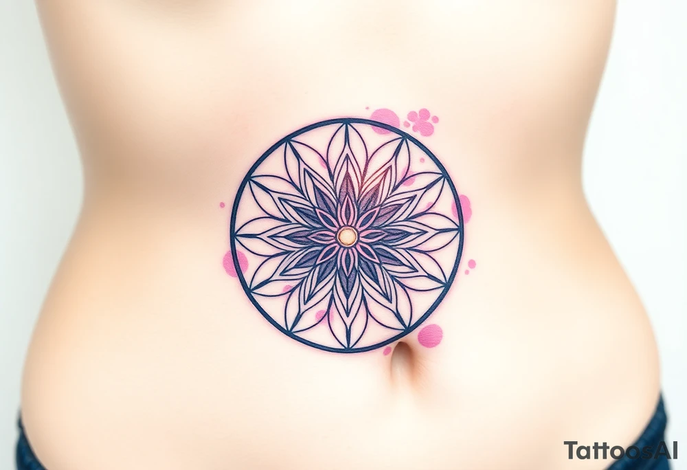 A floating Flower of Life with a glowing aura in round cyrcle, appearing as if suspended in space tattoo idea