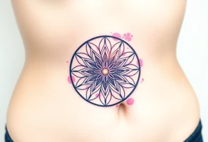 A floating Flower of Life with a glowing aura in round cyrcle, appearing as if suspended in space tattoo idea