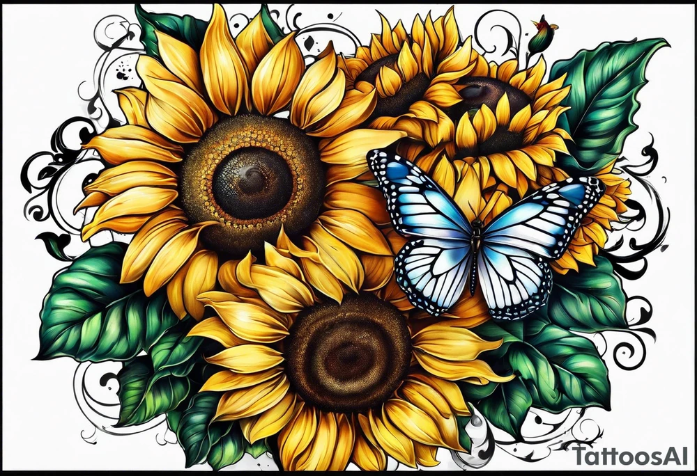 Arm sleeve with sunflowers and butterflies tattoo idea