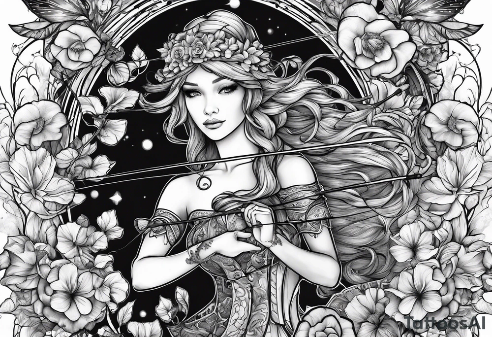 Recurve bow and arrow, mushrooms, fairies tattoo idea